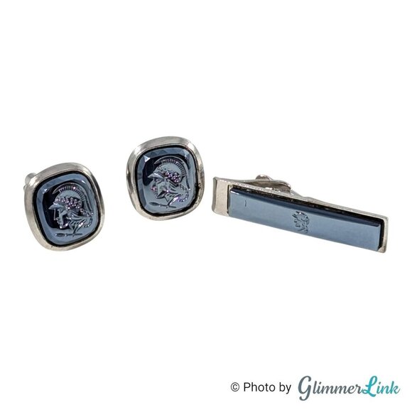 Other - Vintage Roman Soldier Intaglio Cufflinks & Tie Bar Set – Blue Cameo, Silver Tone